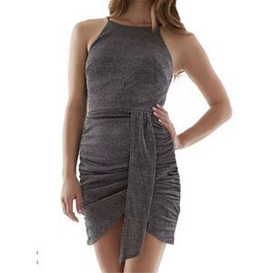 BCX Junior’s Silver Drape-front Sleeveless Mini Dress. (Med)